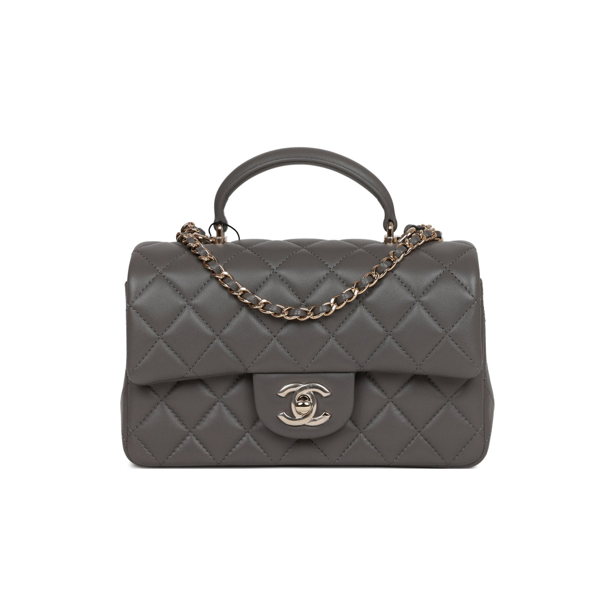 Ch*el mini rectangular flap bag with top handle dark grey lambskin light gold hardware (22*15*8cm)